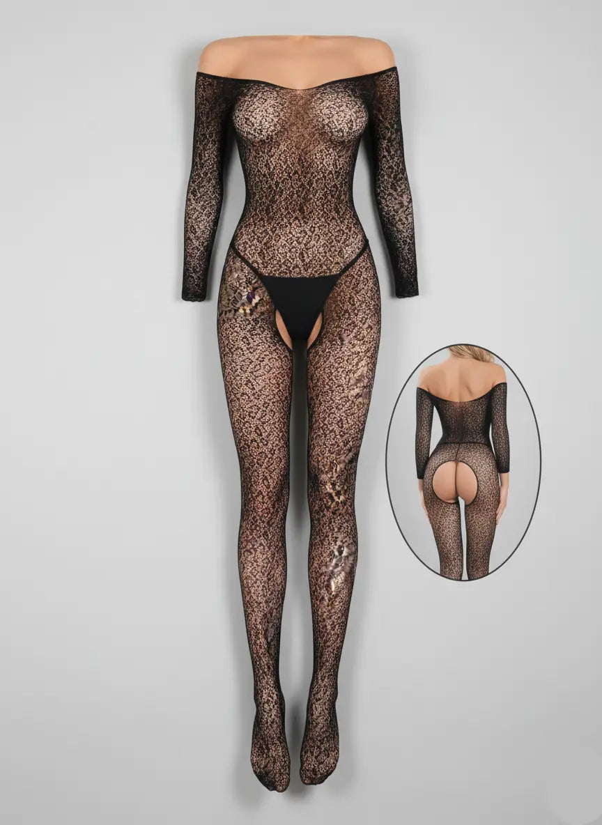 Elegant black stretchable fishnet bodysuit stocking for stylish women.