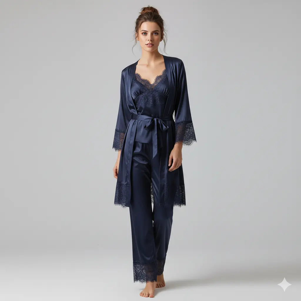 Luxury Silk Nighty Set for Women – Premium Satin Lace Sleepwear Robe