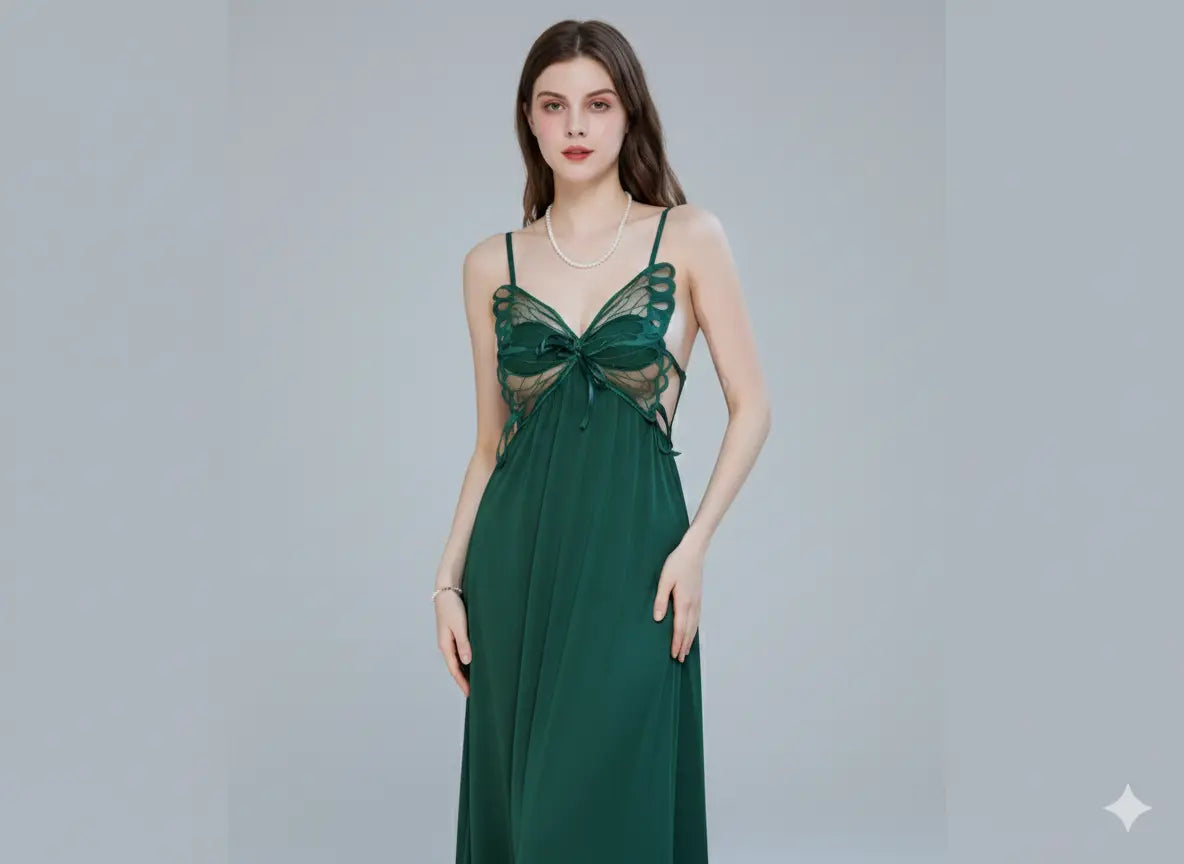 Women’s Green Fancy Nighty – Premium Lace Designer Sleepwear