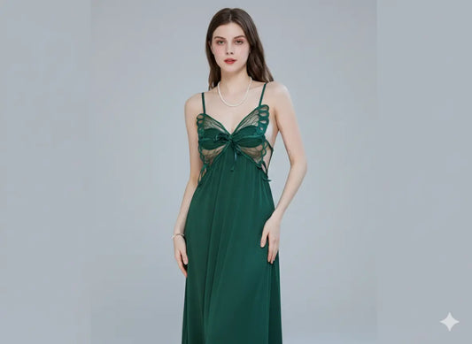 Women’s Green Fancy Nighty – Premium Lace Designer Sleepwear