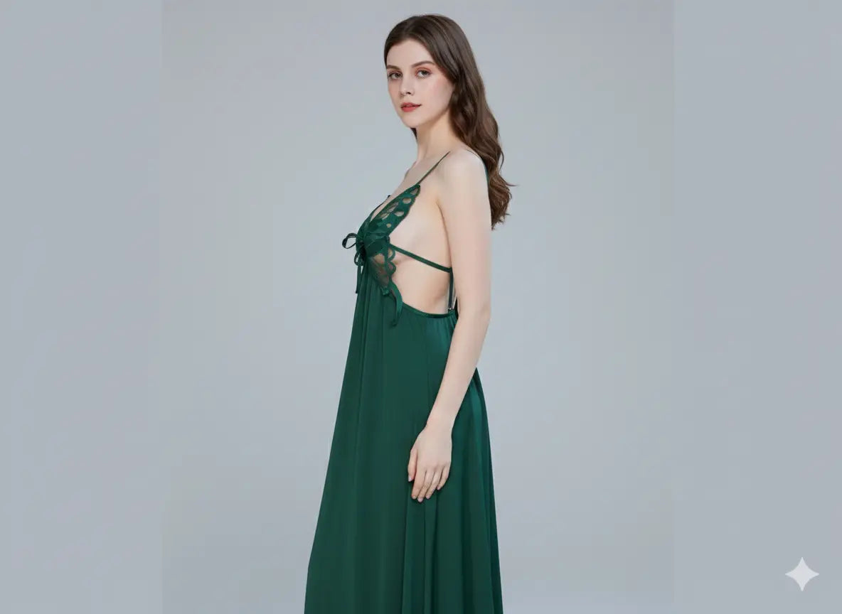 Women’s Green Fancy Nighty – Premium Lace Designer Sleepwear