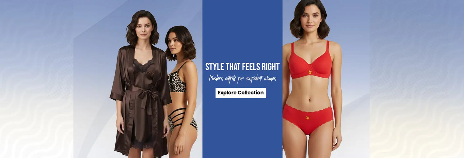 Two women modeling lingerie with promotional text on a blue and white background